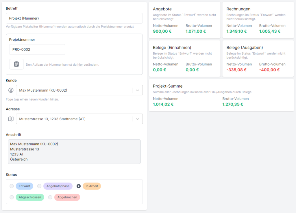 Das Projektdashboard bietet dir den Überblick über die wichtigsten Daten deine Projekts, sowie eine Übersicht aller Einnahmen und Ausgaben. Alles was du für dein effizientes Projektmanagement brauchst