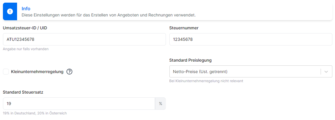 In Rechnungs-Tools wie invoixy kannst du als Selbständiger deine Unternehmenseinstellungen vorab definieren um alle Angebots und Rechnungen entsprechend der rechtlichen Vorgaben zu erstellen.
